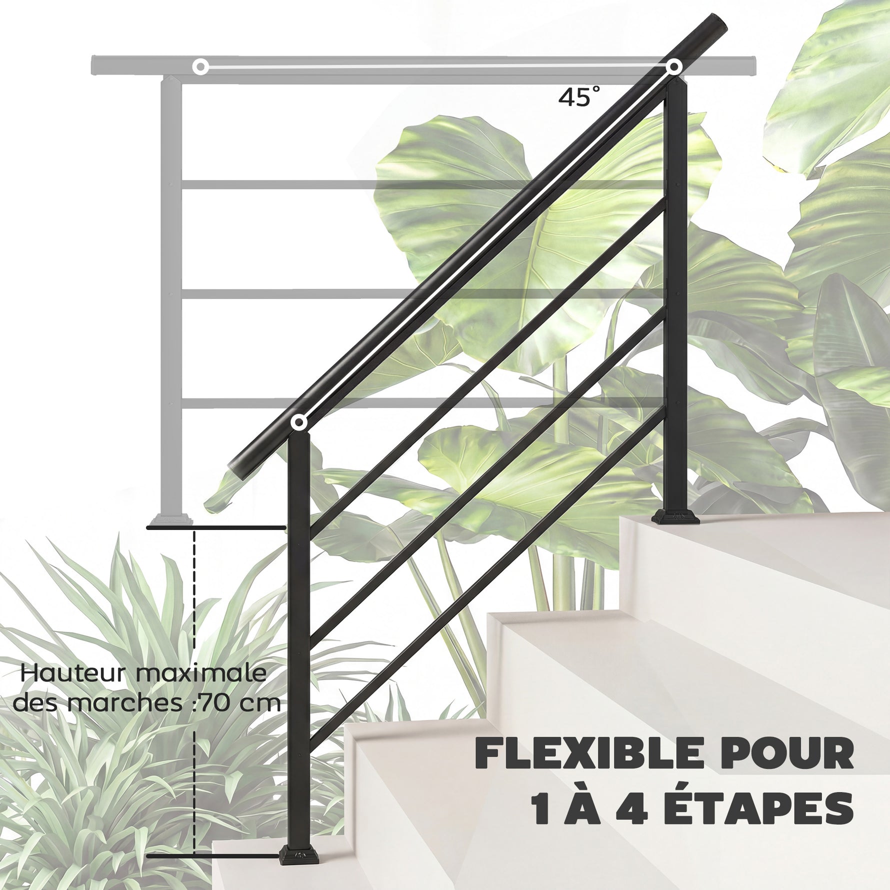 Rampe d'Escalier Extérieure pour 1 à 4 Marches, Main Courante Escalier en Métal avec Kit d'Installation, Noir