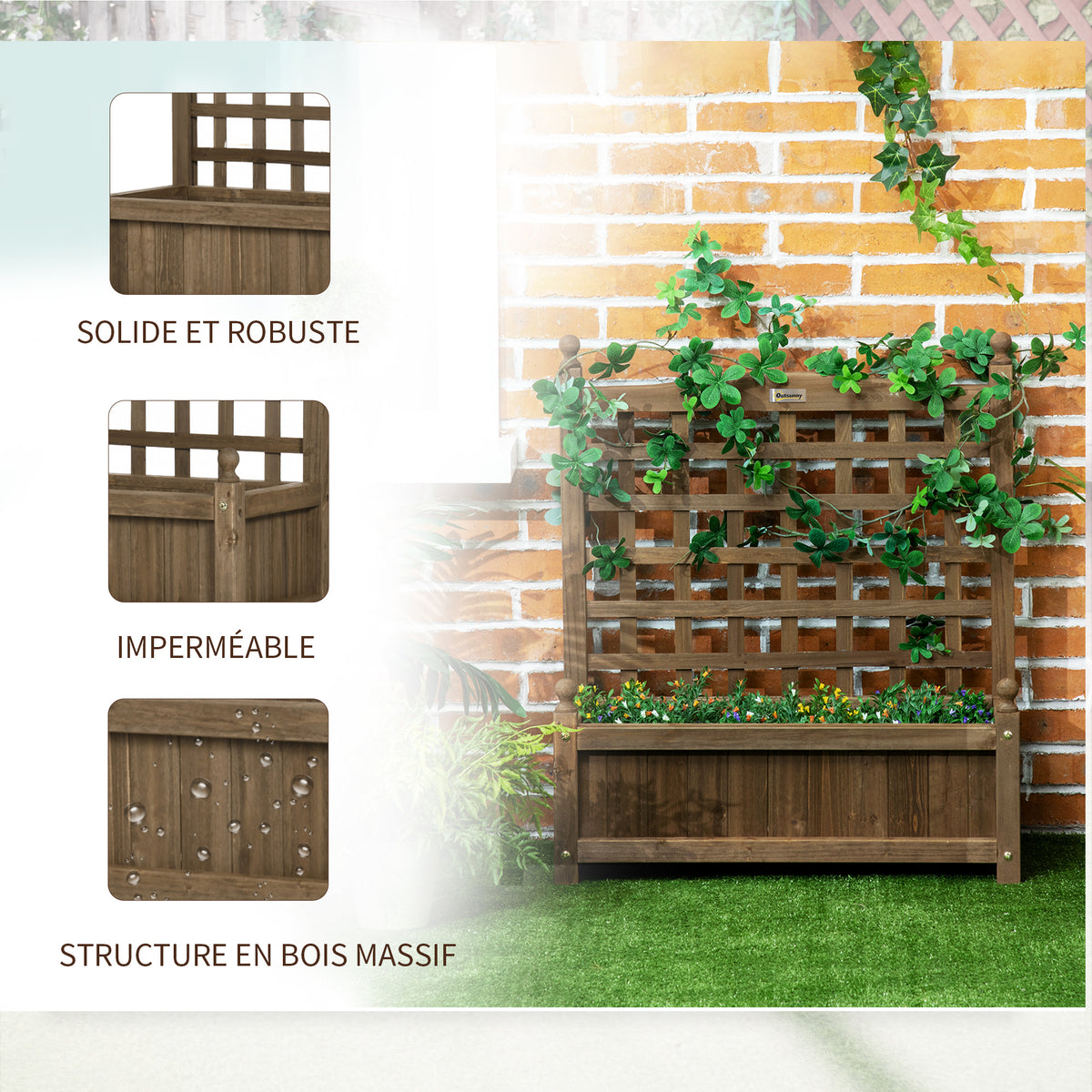 Jardinière avec treillis bac à fleurs jardinière sur pied 64 x 28 x 75 cm inserts d'irrigation bois massif