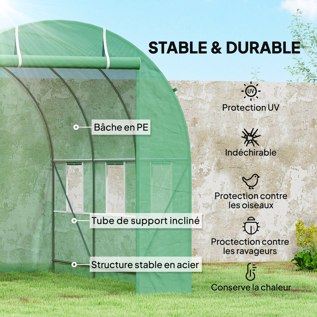 Serre de Jardin Tunnel Surface Sol 7m² 3,5L x 2l x 2H m châssis Tubulaire renforcé Porte zippée 6 fenêtres enroulables Vert