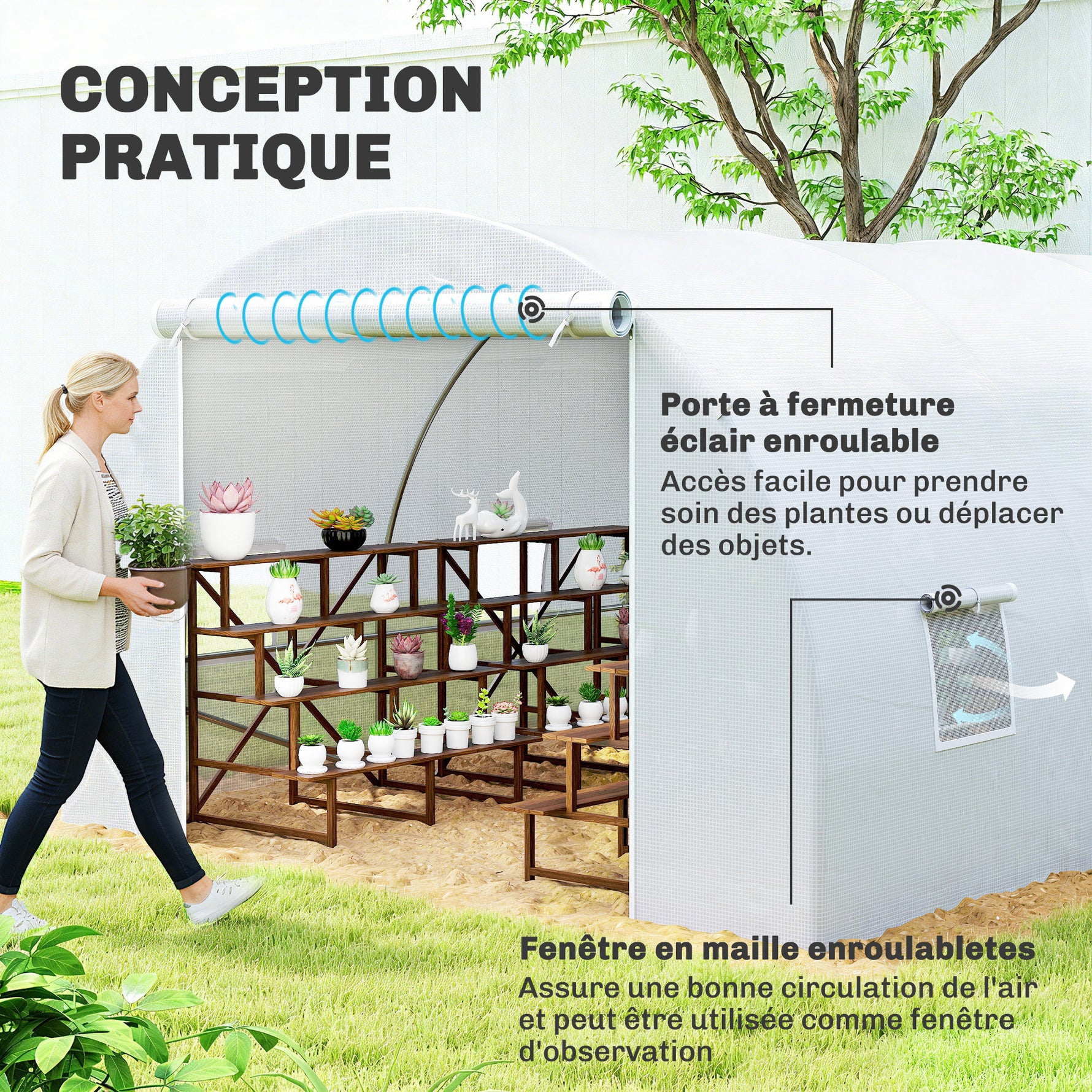 Serre de Jardin Tunnel Surface Sol 18 m² 6L x 3l x 2H m châssis Tubulaire renforcé 24 mm 8 fenêtres Blanc