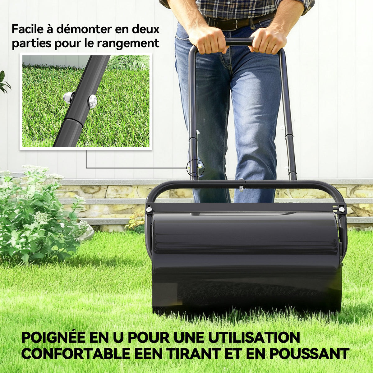 Rouleau à gazon rouleau de jardin 50 cm, remplissage sable eau, poignée ergonomique, 58 x 32,5 x 113 cm, noir