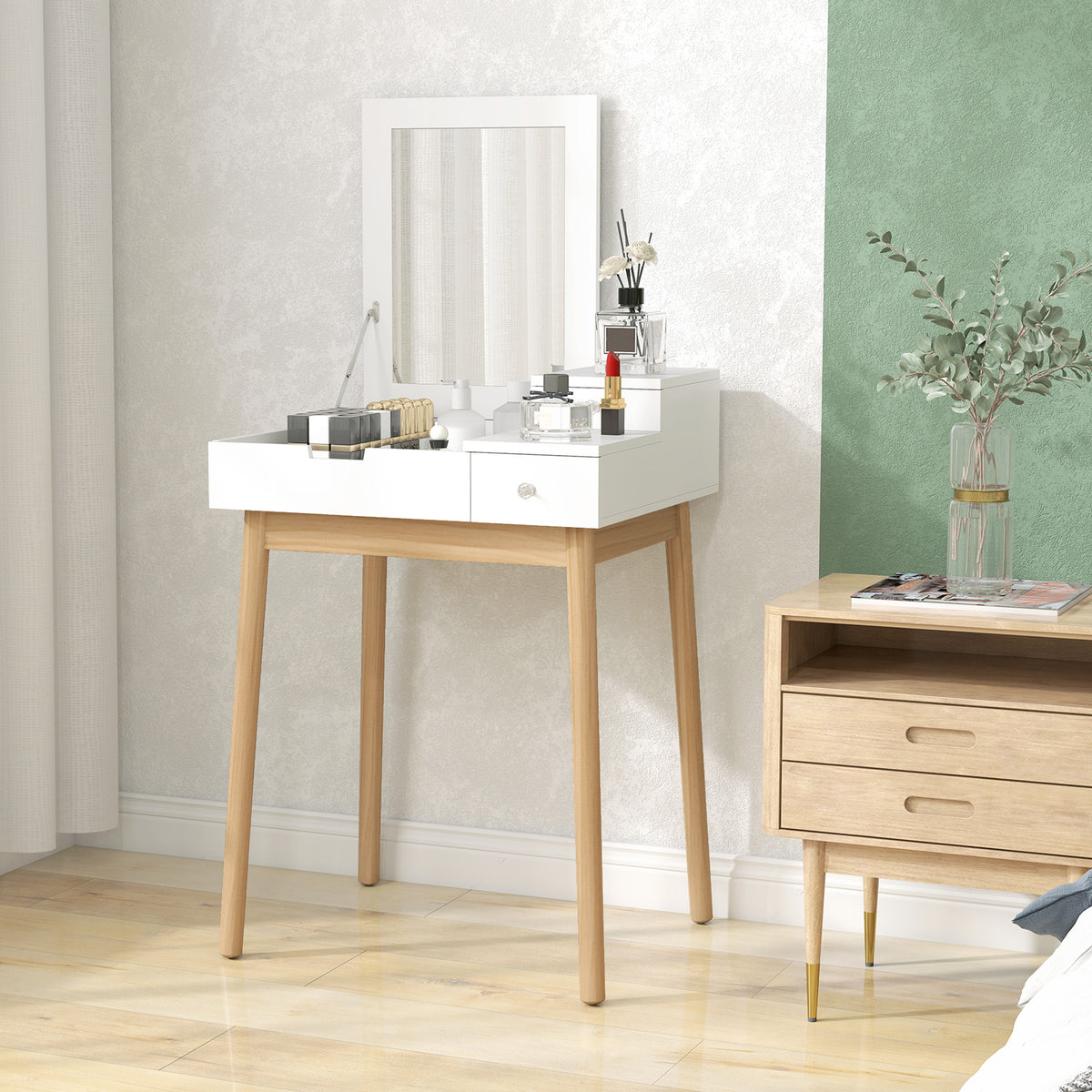 Coiffeuse avec miroir table de maquillage style moderne - 2 tiroirs, miroir rabattable pour chambre à coucher, salon, 60 x 50 x 85,5 cm blanc