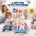 Rocket-Themed Wooden Activity Cube, Educational Cube with Shape Sorter and Bead Maze, for Ages 2 to 6