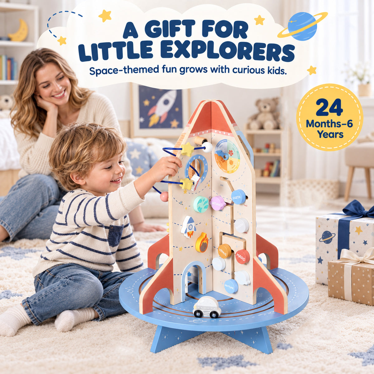Rocket-Themed Wooden Activity Cube, Educational Cube with Shape Sorter and Bead Maze, for Ages 2 to 6