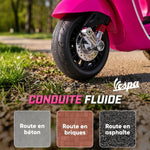 Scooter électrique enfant Vespa 6 V dim. 107L x 47l x 73H cm Musique MP3 Port USB Phare 2 roues d'entraînement - Rose