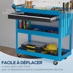 Chariot d'atelier servante atelier à 3 niveaux avec tiroir, porte-outils latéral et poignée, 82x35x76 cm, bleu