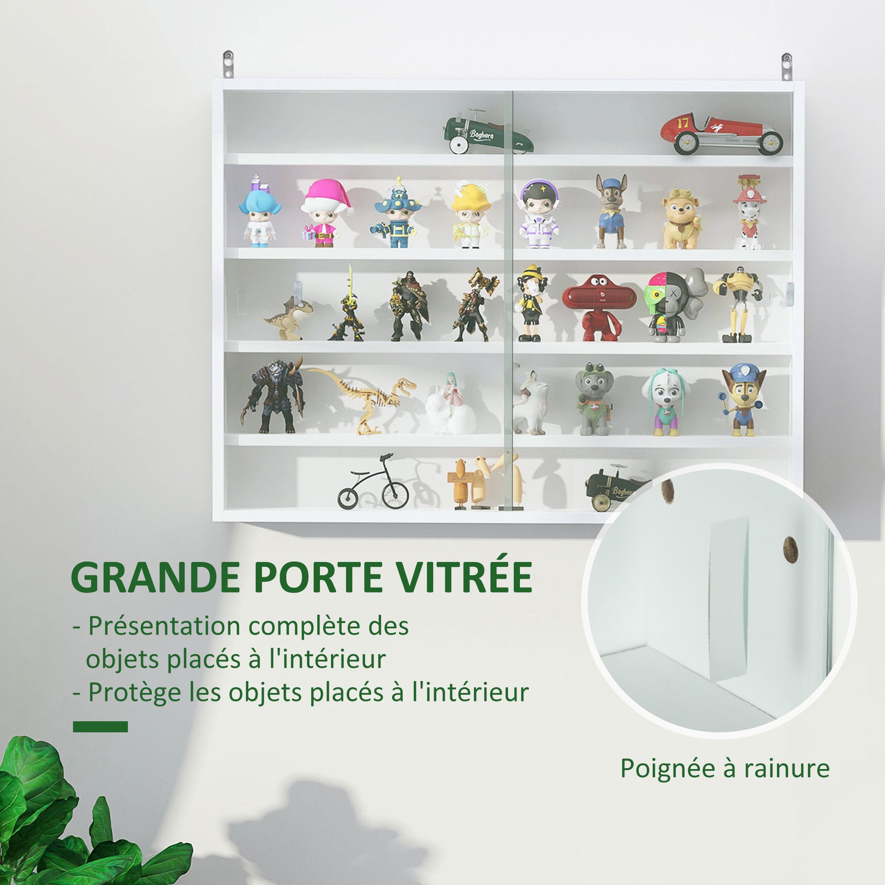 Vitrine murale pour objets de collection 4 étagère réglables en hauteur et 2 portes coulissantes 80 x 9,5 x 60 cm blanc