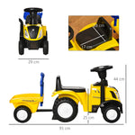 Porteur tracteur enfants avec coffre amovible, râteau et pelle, voiture enfants avec lumière LED et klaxon, jaune