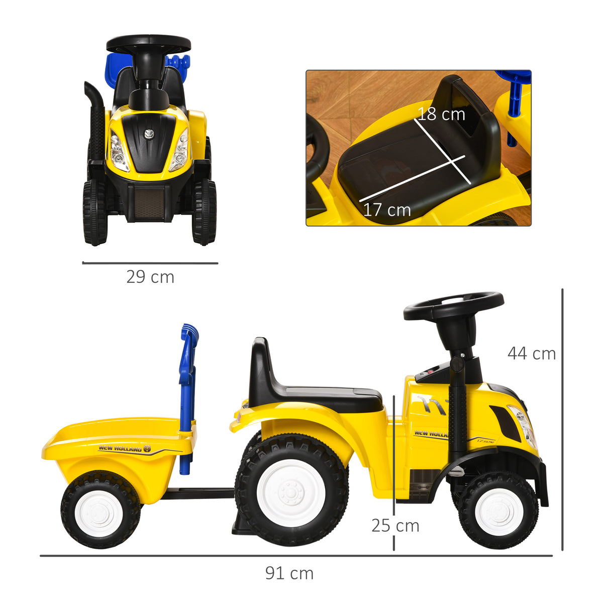 Porteur tracteur enfants avec coffre amovible, râteau et pelle, voiture enfants avec lumière LED et klaxon, jaune