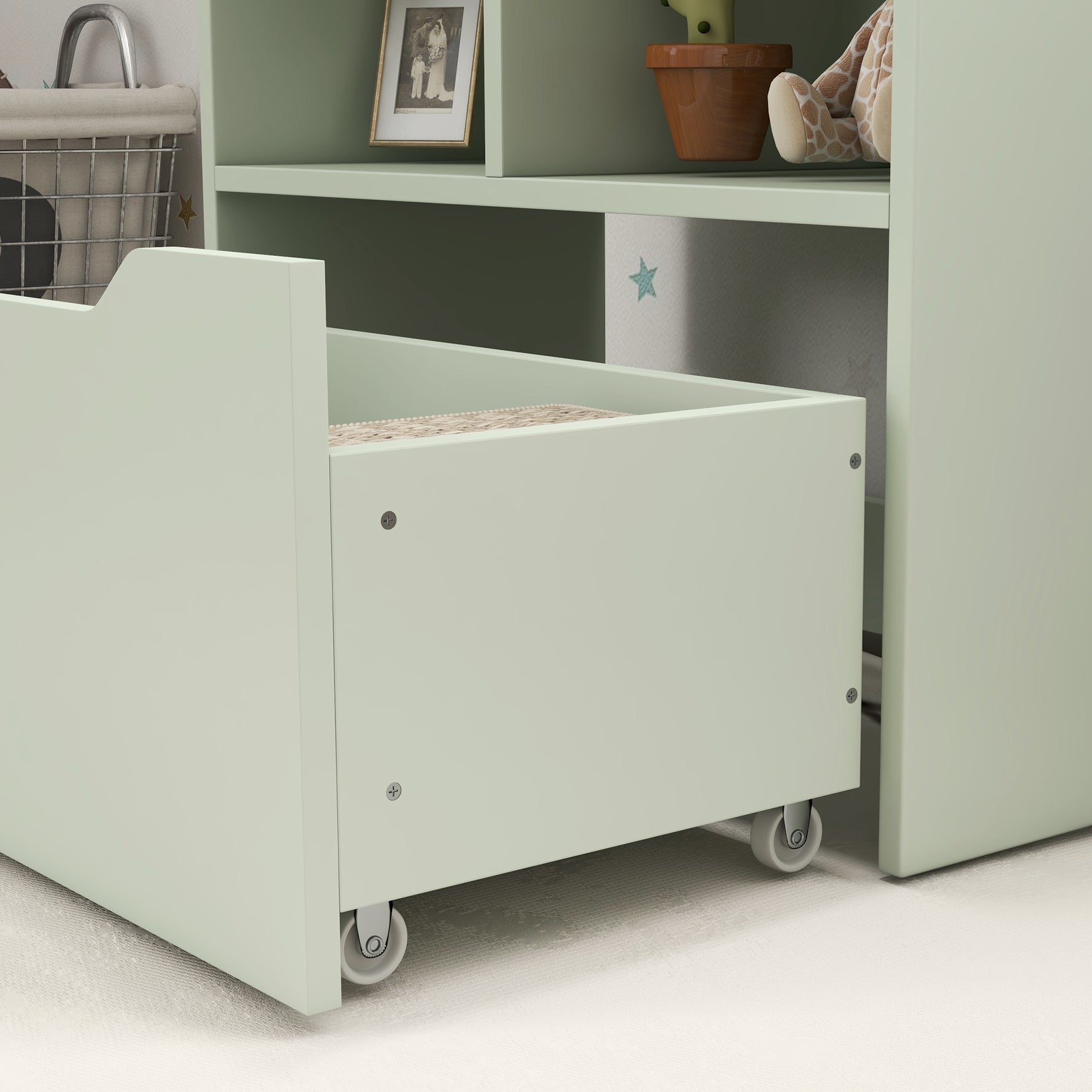 Bibliothèque étagère Multi-Rangement 3 étagères 2 niches Grand tiroir en bois Vert clair
