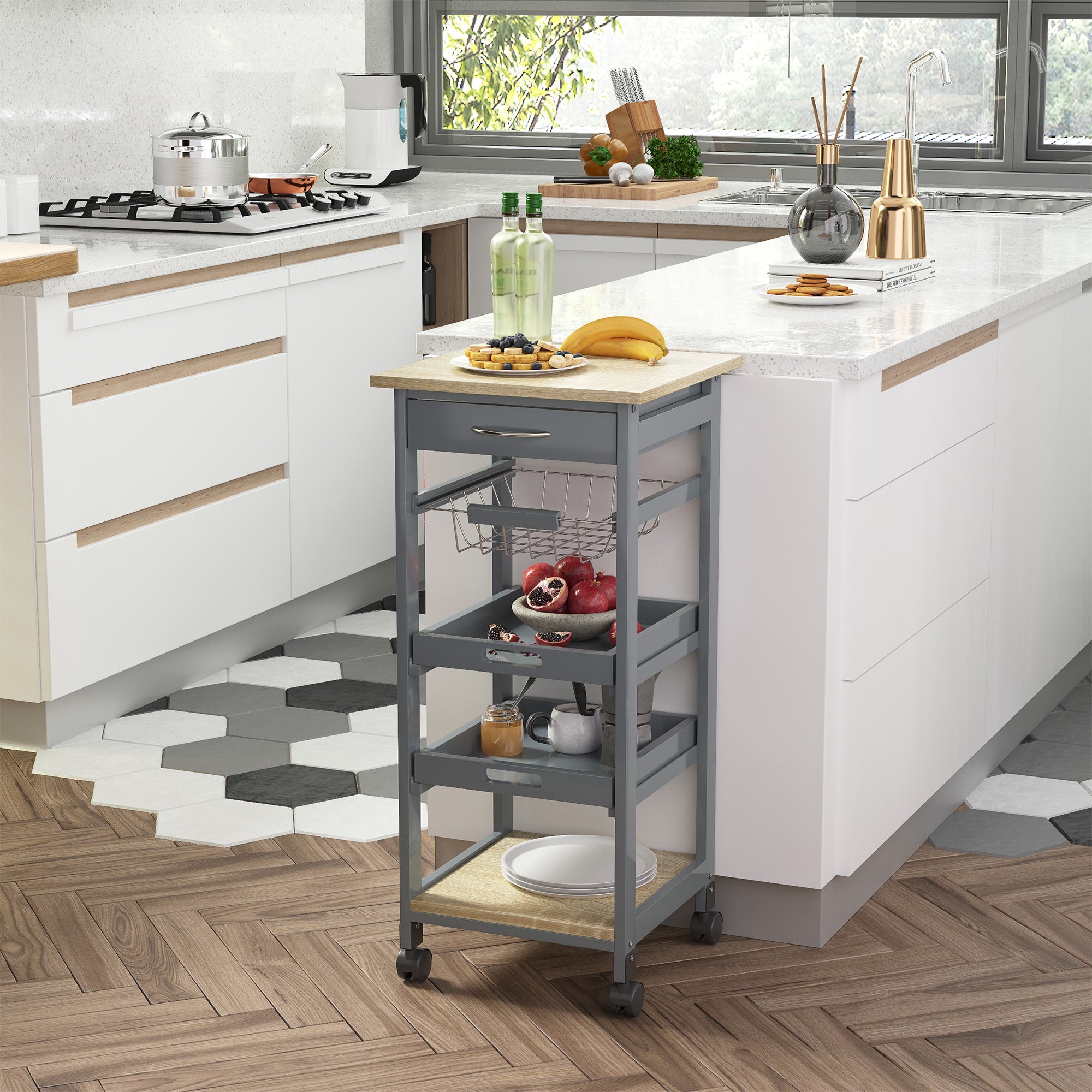 Keukentrolley serveerwagen op wielen met mand + 2 uitneembare plateaus, lade, legplank van licht eikenhout