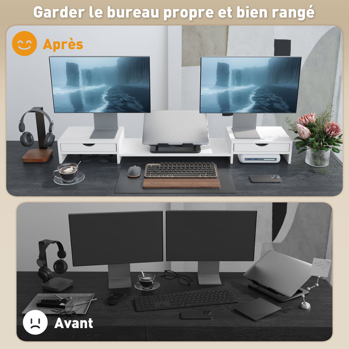 Rehausseur écran PC bureau support d'écran d'ordinateur de 60-116 cm avec 2 tiroirs, longueur et angle réglables