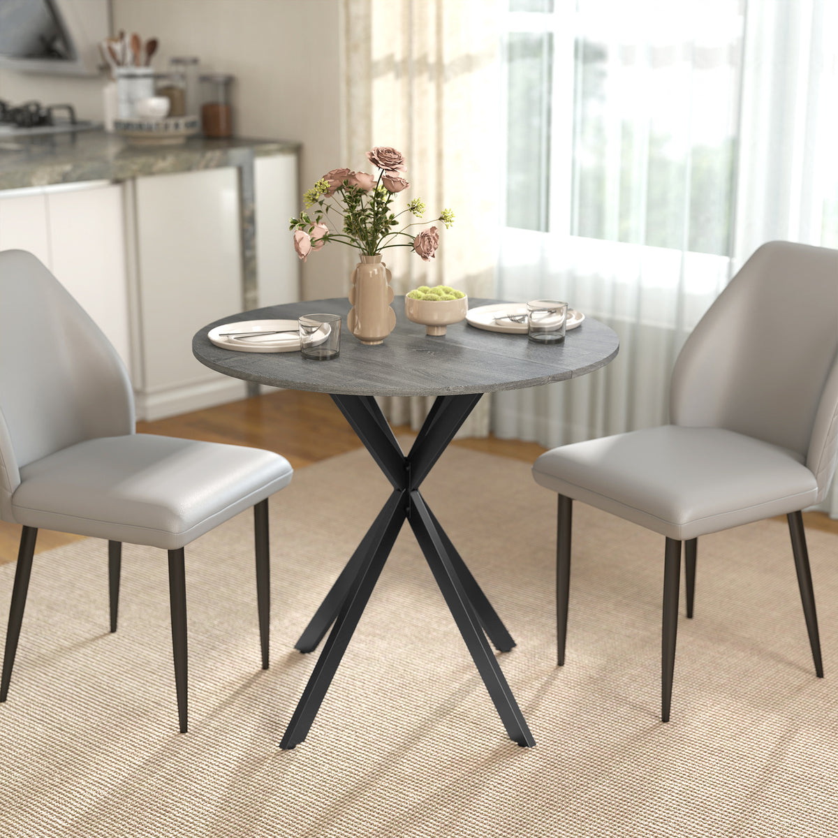 Table à Manger Ronde pour 2 Personnes avec Plateau Aspect Bois et Piètement Croisé en Acier, Gris