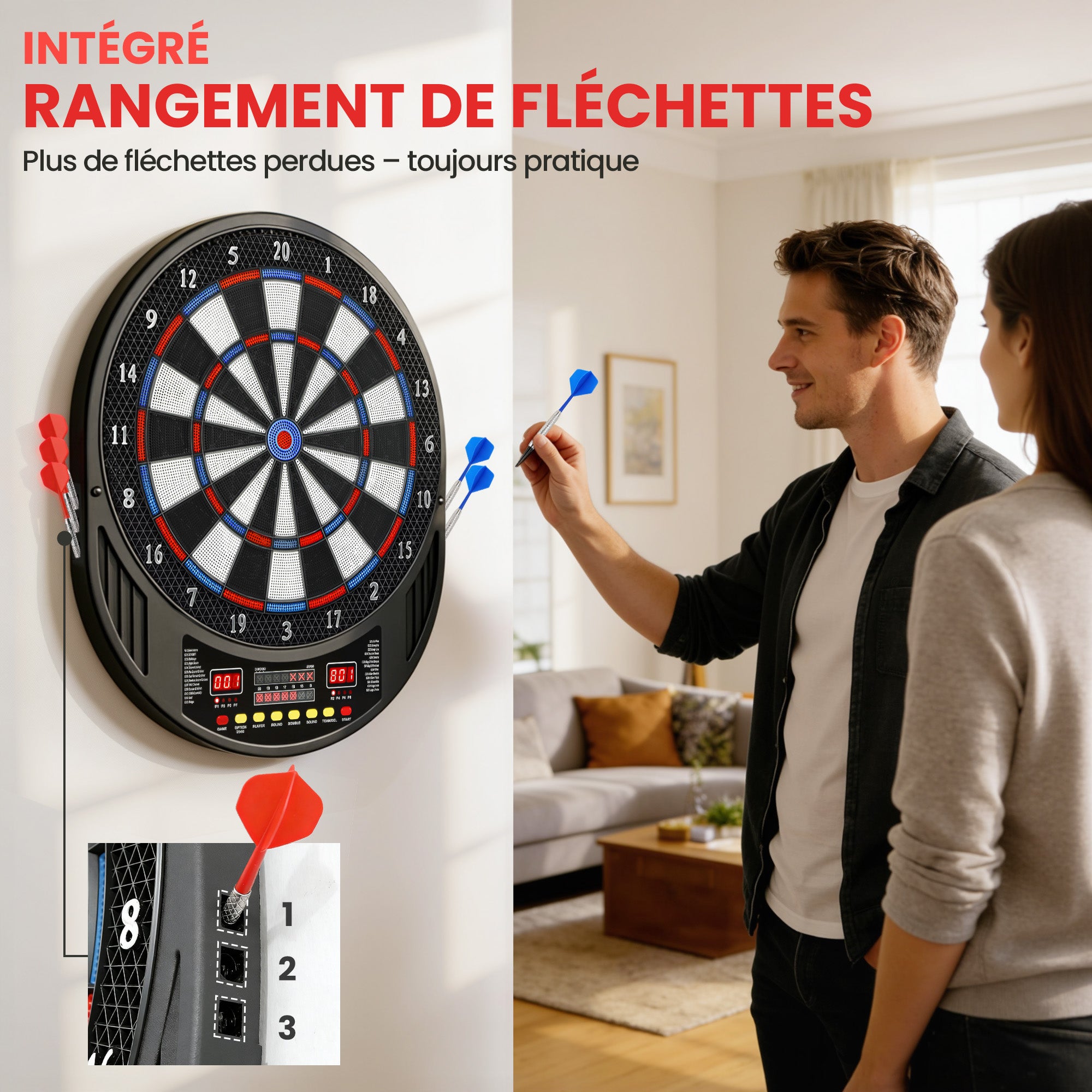 Electronic dartboard with soft tips, dual LED displays, 33 games, 202 variations, up to 8 players