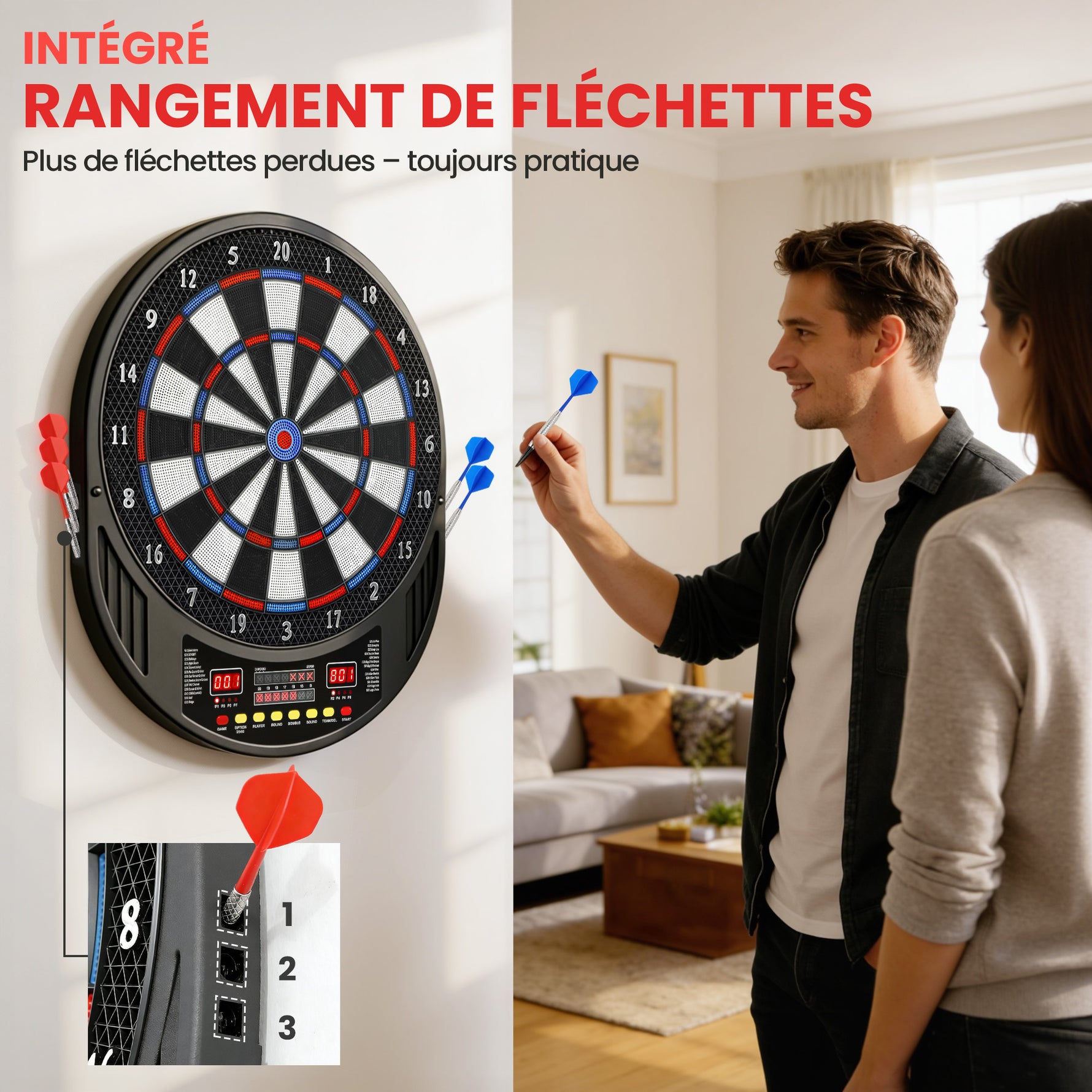 Jeu de fléchettes électronique avec embouts souples, doubles écrans LED, 33 jeux, 202 variations, jusqu'à 8 joueurs