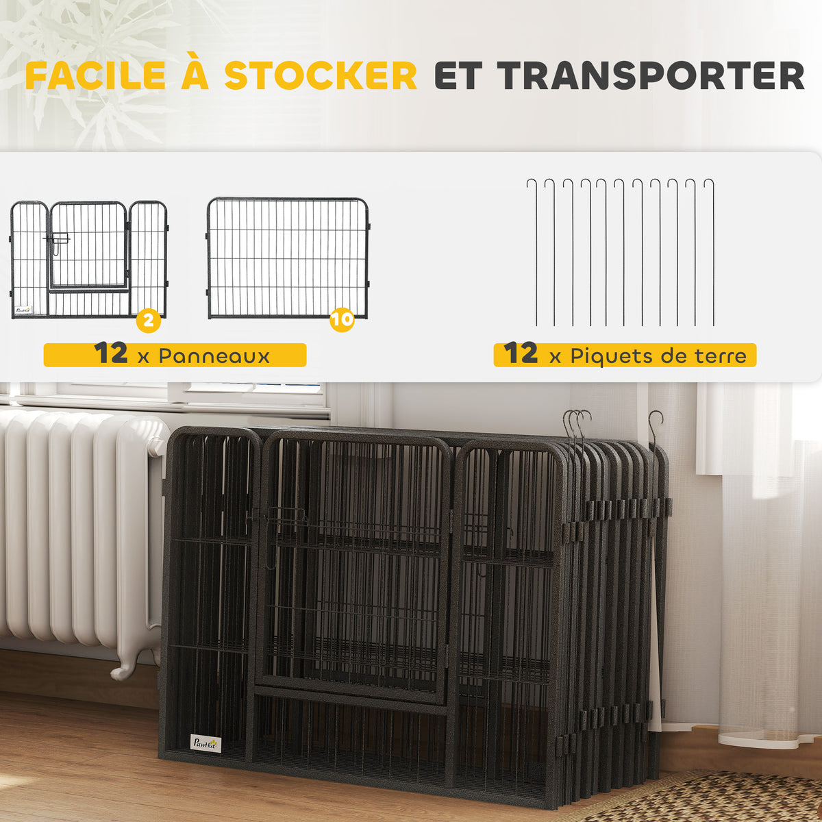 Parc pour chien, enclos chien 12 panneaux modulable et pliable, enclos portable en acier 60H cm avec porte, clôture pour chat, chiens de petit taille, intérieur et extérieur, gris