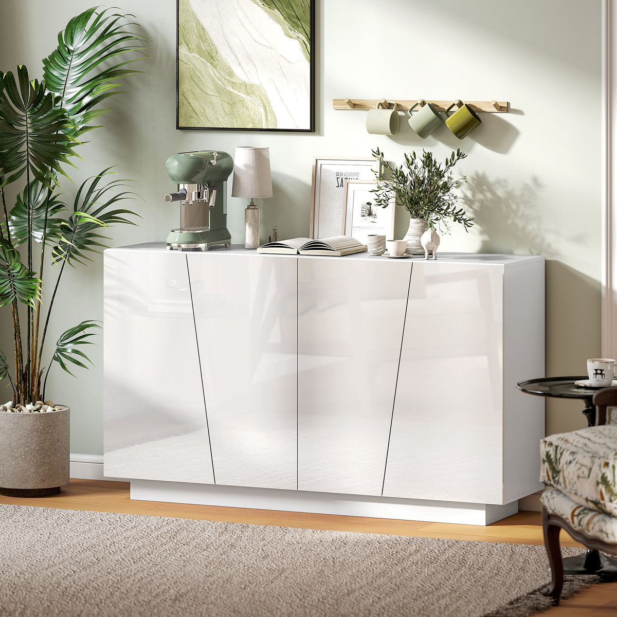 Meuble de rangement avec placards à portes et étagère réglable, 150 x 40 x 88 cm, blanc brillant