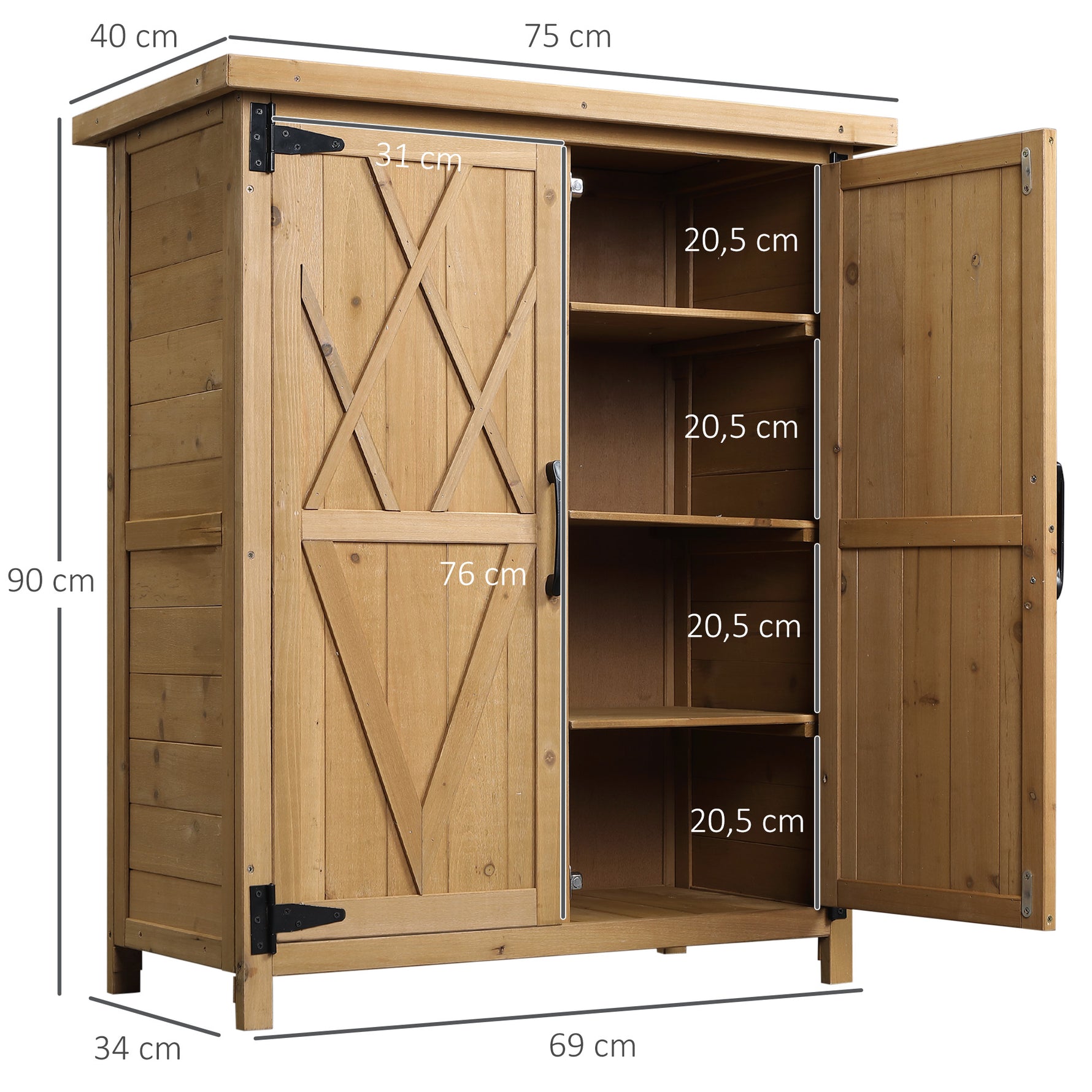 Abri de jardin armoire de jardin 3 étagères 2 portes toit en tôle galvanisé étanche bois sapin 75 x 40 x 90 cm jaune
