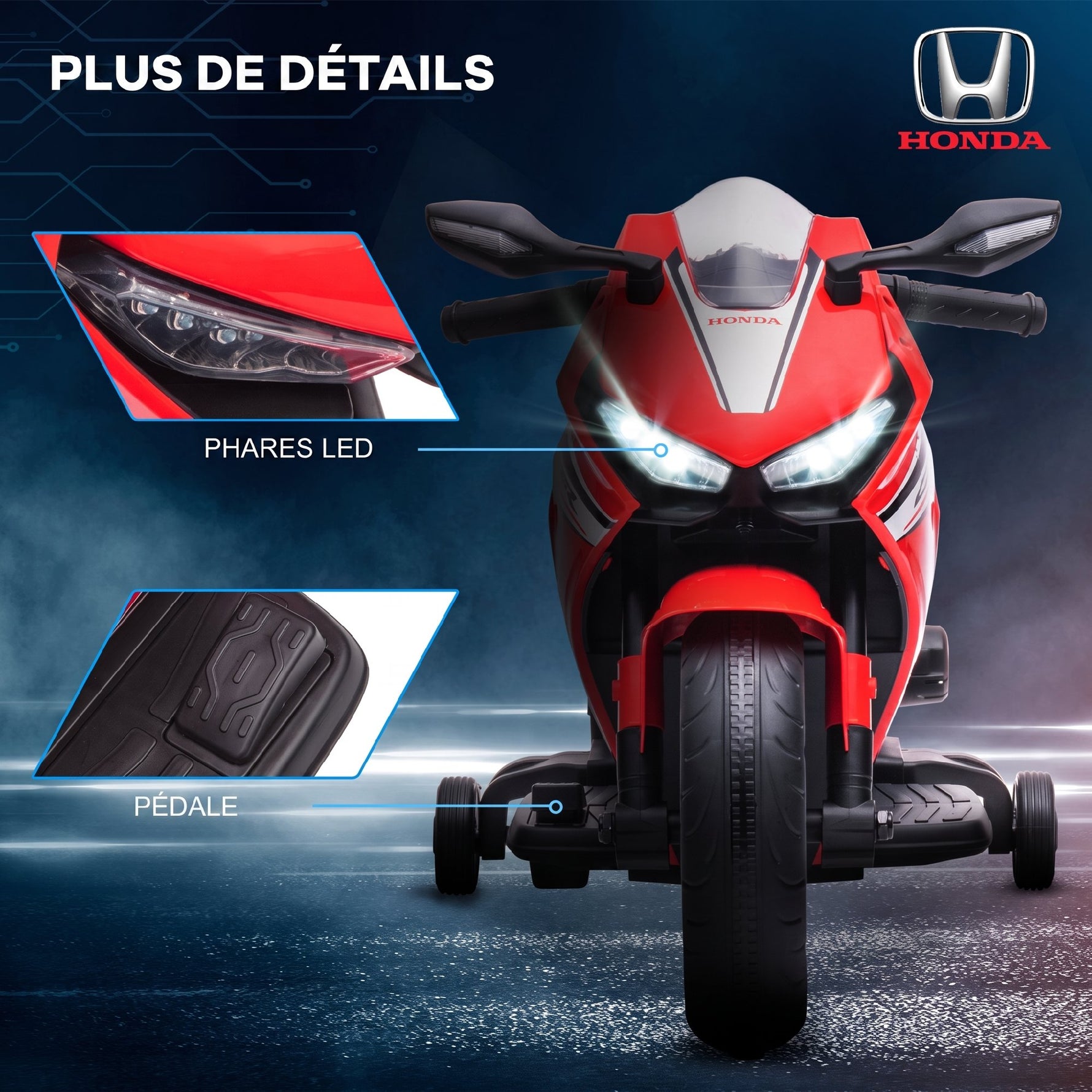 Moto Électrique Enfants sous Licence HONDA 6 V, 3 Km/h, Musique & Lumière, 2 Roues d'Entraînement, Rouge