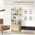Bibliothèque haute, meuble de rangement avec 4 étagères ouvertes et 2 tiroirs cannelés, 60 x 30 x 160 cm, bois naturel