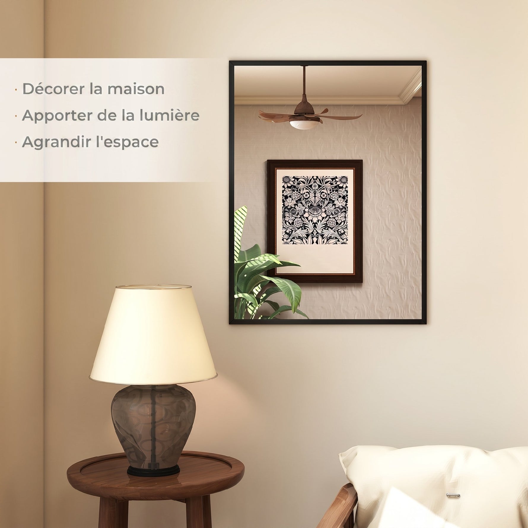 Miroir mural rectangulaire 76 x 101 cm, cadre en bois noir, idéal pour la salle de bain, salon ou chambre