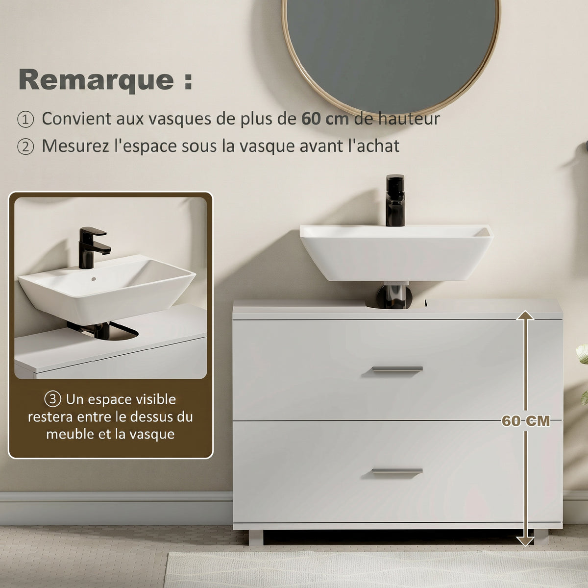 Meuble sous lavabo, meuble de salle de bain avec 2 tiroirs, style moderne, 80 x 30 x 60 cm, blanc