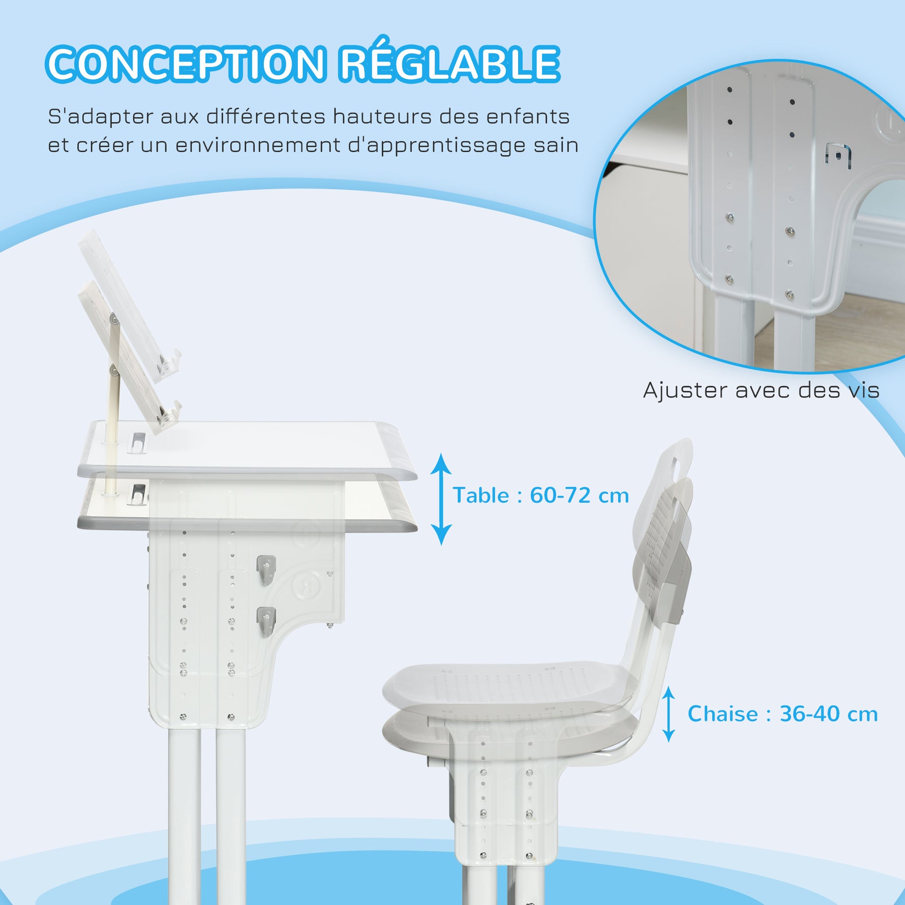 Bureau et chaise pour enfant lot de 2 avec support de lecture casier crochet et porte stylo 60 x 45x 90-102 cm gris
