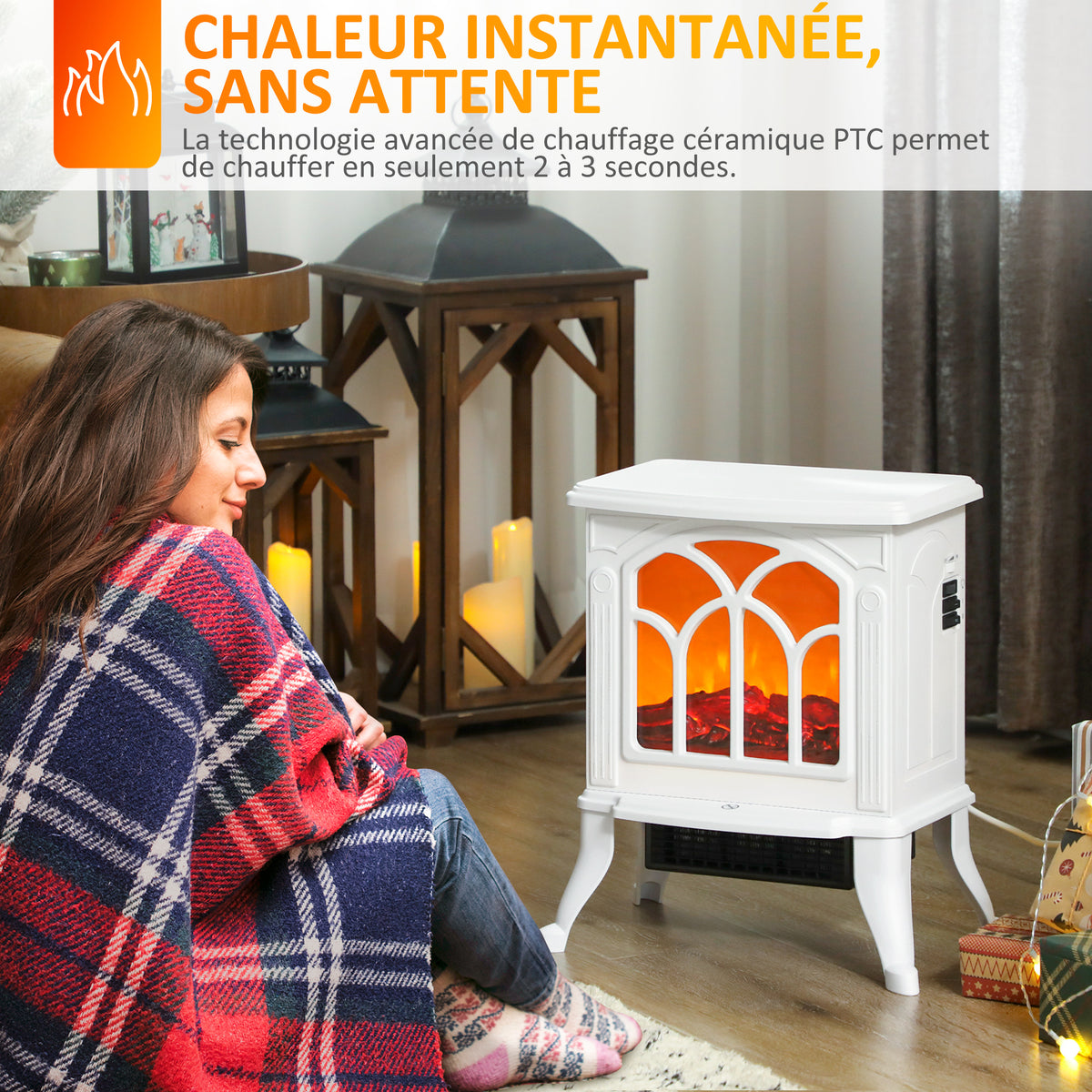 Cheminée électrique sur pied 750/1500 W, fausse cheminée décorative avec effet flamme LED, 37,3 x 23,1 x 44 cm, blanc-4