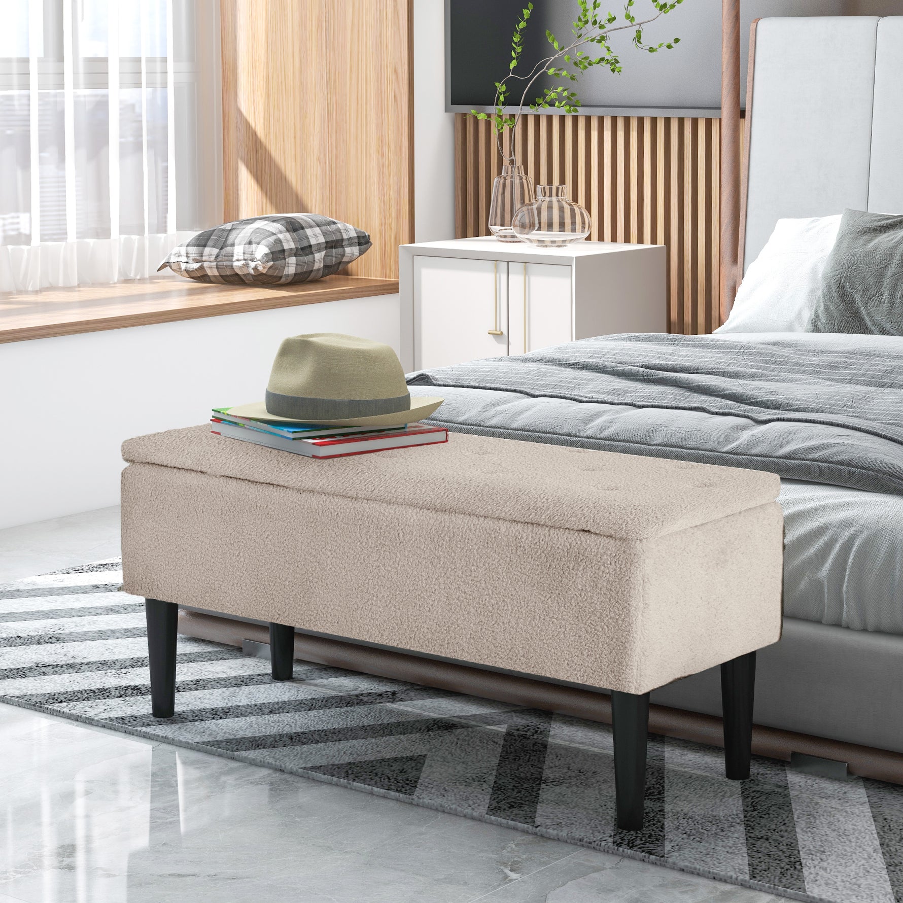 Banc de rangement coffre de rangement pieds en bois de caoutchouc 95 x 38 x 45 cm beige
