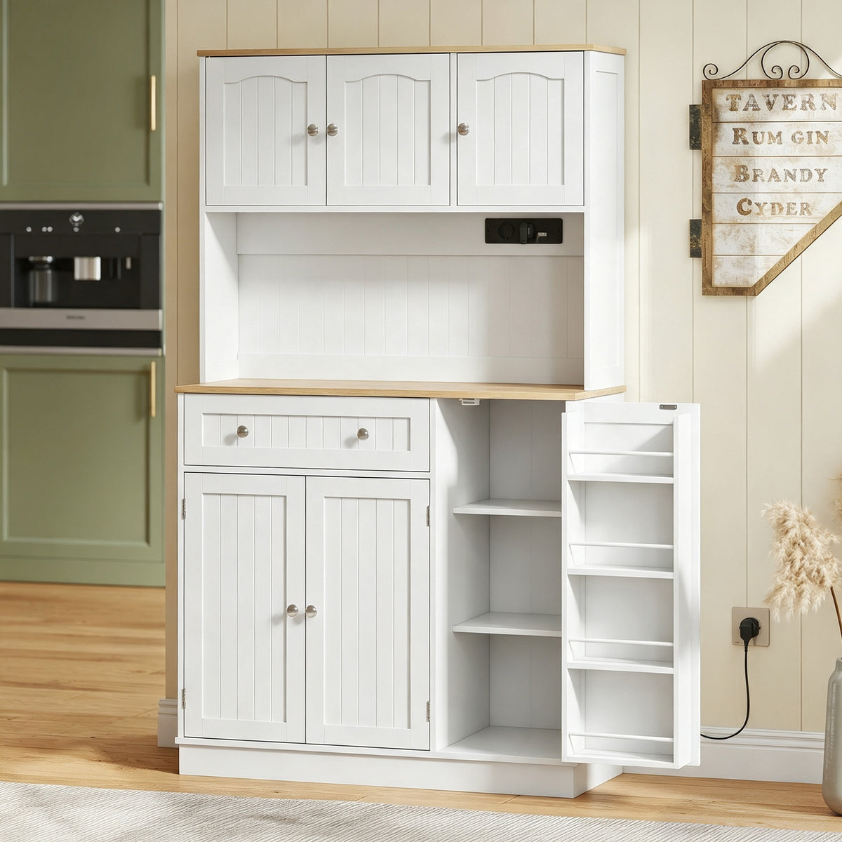 Buffet haut cuisine, armoire de cuisine, station de charge, 6 portes, plan de travail, porte-épices, 100x40x173cm, blanc