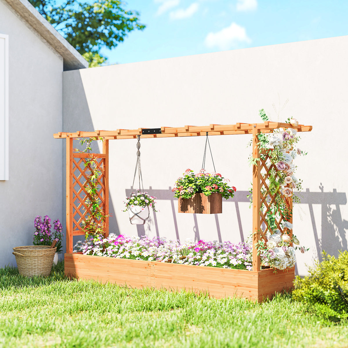 Jardinière surélevée avec treillis latéral et supérieur, bac à fleurs trous de drainage, 200x44x113,5cm, bois naturel