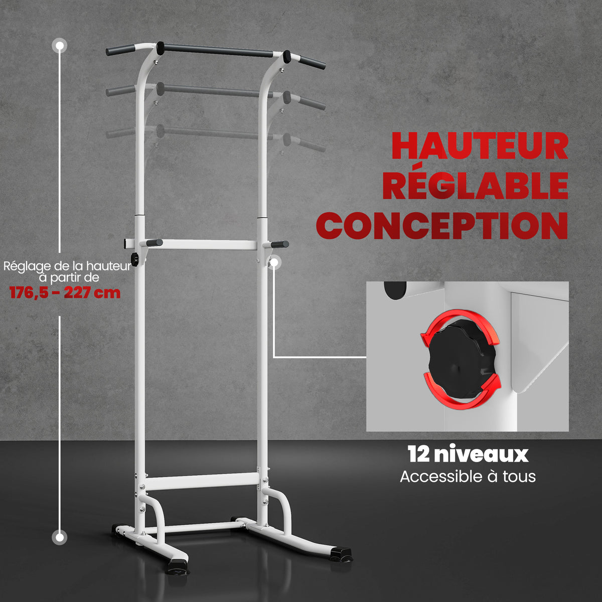Power tower dip barre de traction autoportante réglable en hauteur cadre acier 91,5 x 97,5 x 176,5-227 cm pour la maison