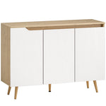 Credenza da soggiorno, mobile contenitore, 3 ante, ripiani regolabili e gambe in legno di gomma, 107x35x76,5 cm, bianco e rovere