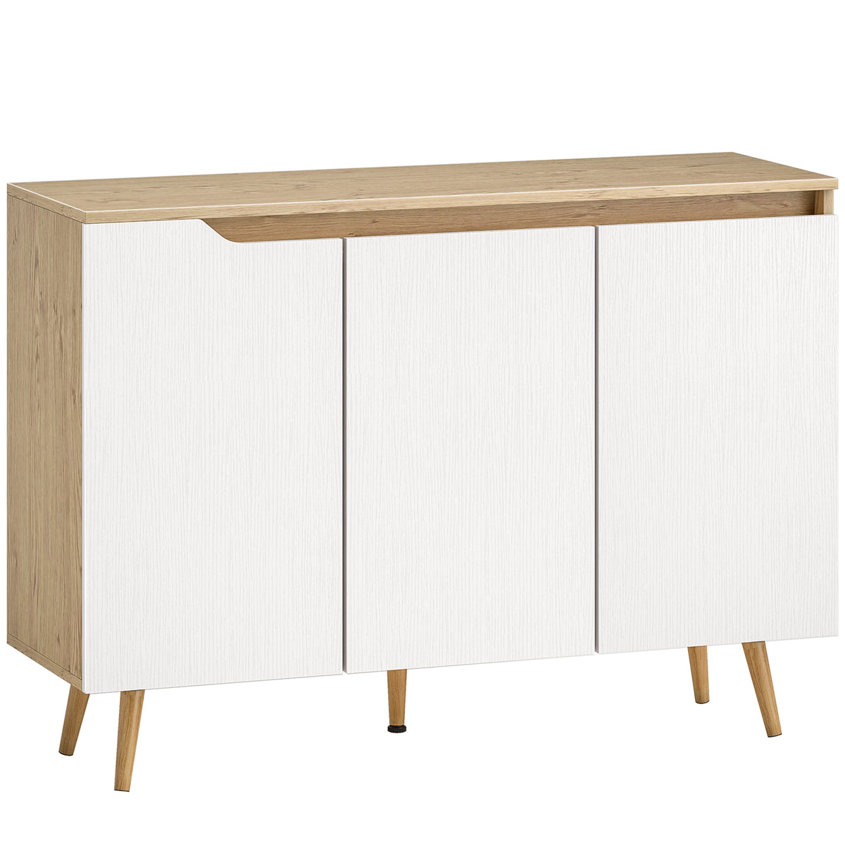 Credenza da soggiorno, mobile contenitore, 3 ante, ripiani regolabili e gambe in legno di gomma, 107x35x76,5 cm, bianco e rovere