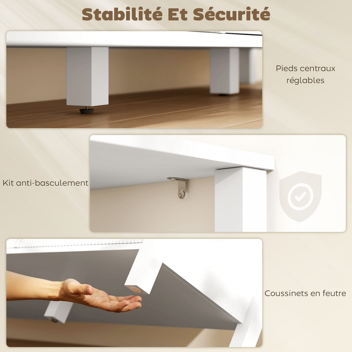 Meuble TV 152 cm, meuble télé pour téléviseur 65 pouces avec 3 tiroirs et 3 étagères ouvertes, 152x39,5x50cm, blanc