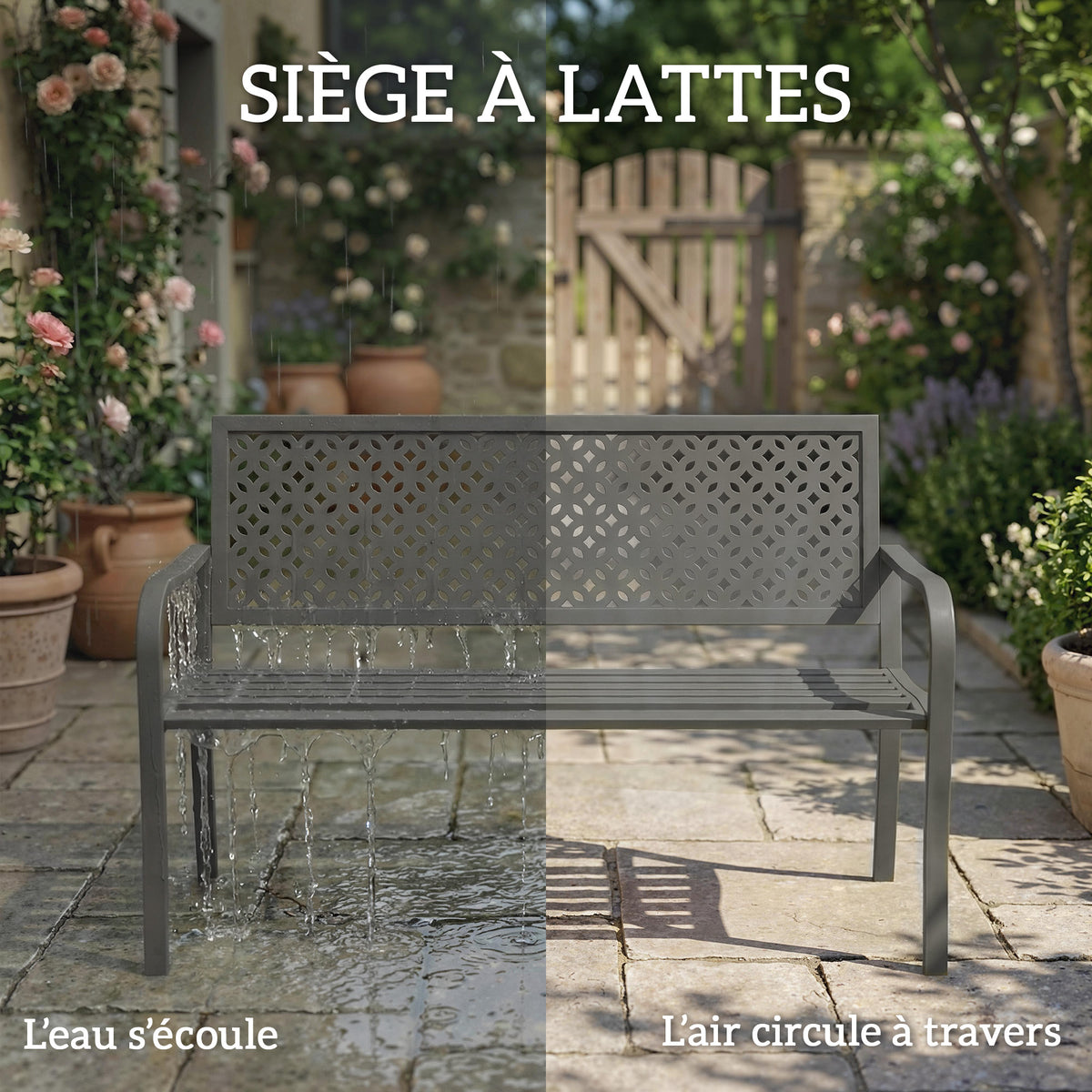 Banc d'extérieur en métal, 2 places, avec dossier géométrique antirouille et accoudoirs, gris foncé