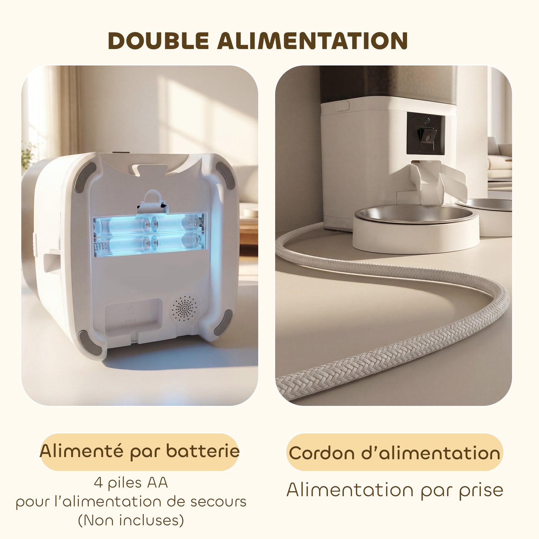 Distributeur Croquettes Chat Automatique 2 Animaux 6L Double Bol Inox WiFi Tuya App ABS 37x36x35cm Blanc