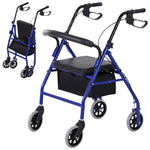 Déambulateur 4 roues - déambulateur pliable léger - assise + dossier rembourré - poignées ergonomiques, freins à main - panier rangement - métal bleu