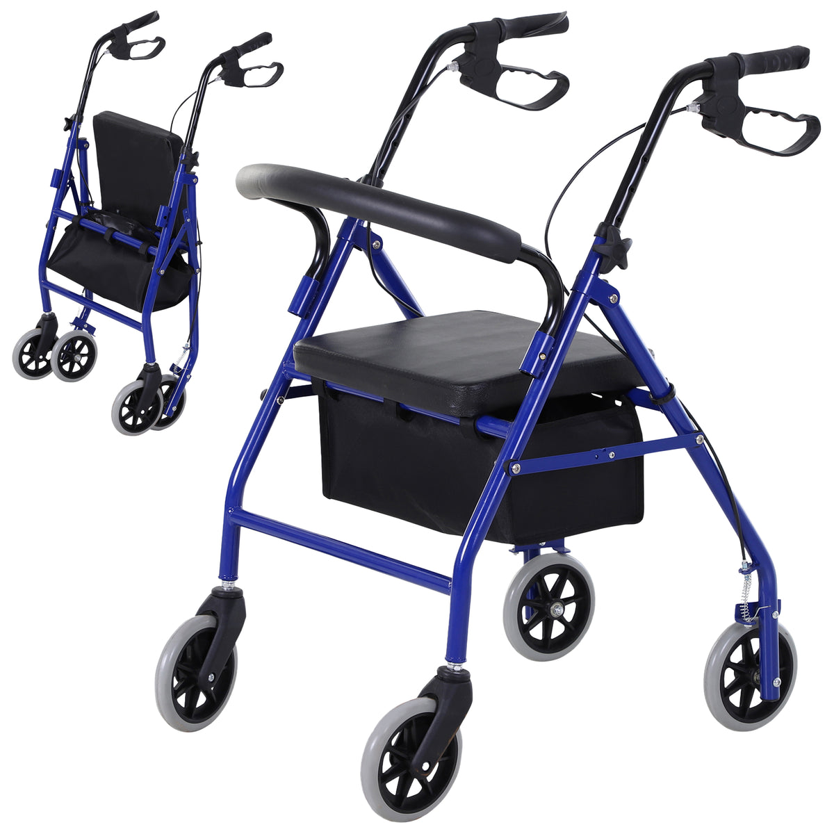 Déambulateur 4 roues - déambulateur pliable léger - assise + dossier rembourré - poignées ergonomiques, freins à main - panier rangement - métal bleu