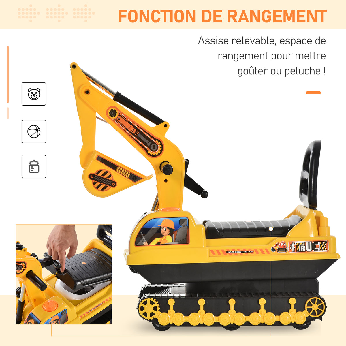 Porteur Enfant tractopelle 18-48 Mois Coffre klaxon Fonction pivotante Jaune