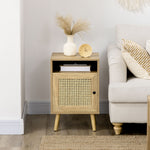 Lot de 2 tables de chevet table de nuit avec placard porte cannage et niche design vintage 39 x 35 x 60 cm naturel