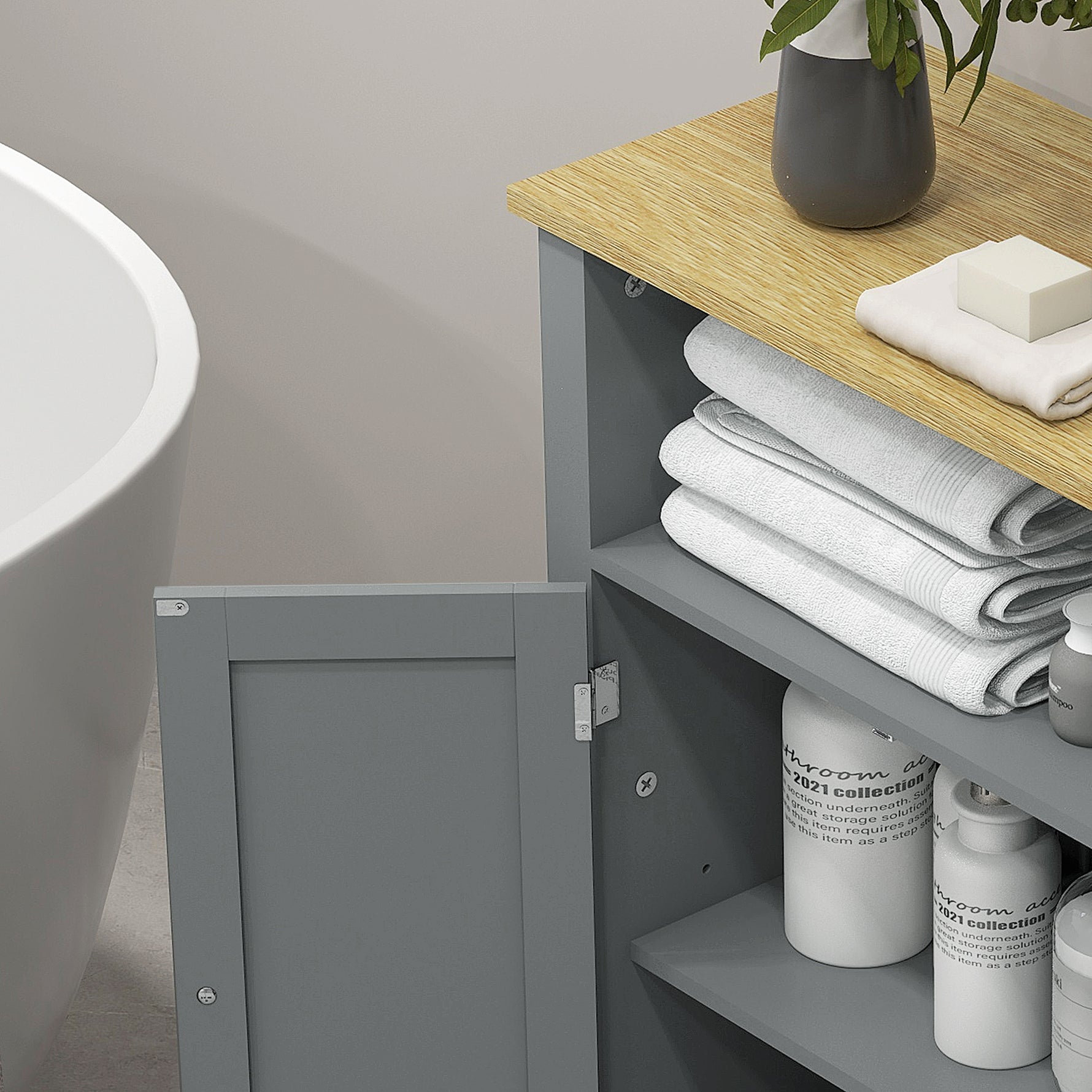 Meuble bas de salle de bain multi-rangements grande niche placard double porte gris et naturel