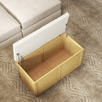 Panca contenitore, baule imbottito in tessuto effetto lino, coperchio e struttura in bambù, grigio e naturale