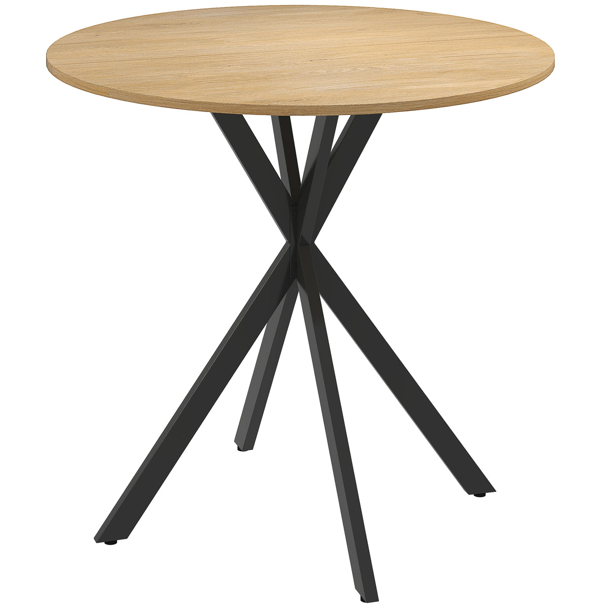 Mesa de comedor redonda para 2 personas con tablero efecto madera y base cruzada de acero, blanco roble