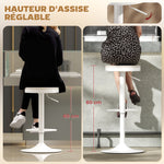 Lot de 2 tabourets de bar, chaises de bar pivotantes avec assise en hévéa, hauteur réglable et repose-pieds, blanc