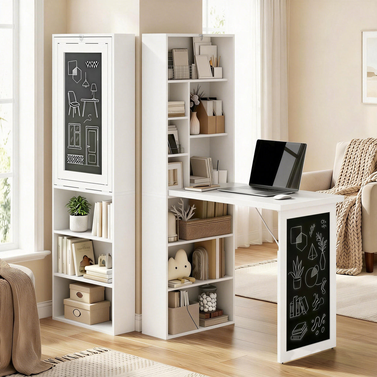 Wandklapptisch mit Stauraum, faltbarer Schreibtisch mit Regal, Arbeitsplatz, Kreidetafel und verstellbarem Fachboden
