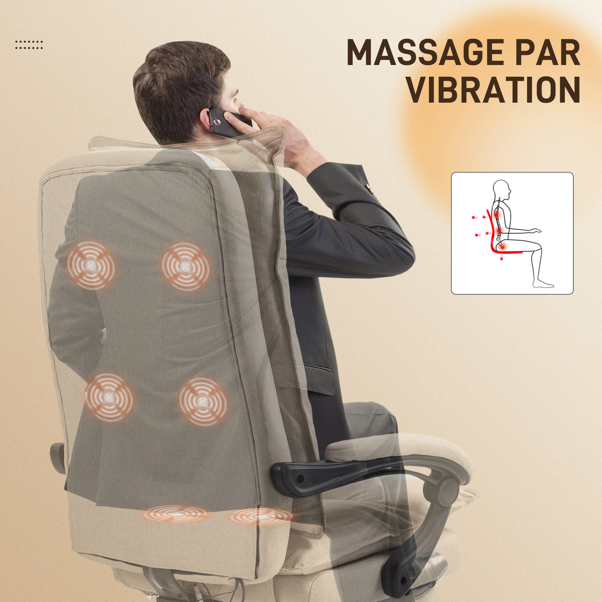 Fauteuil de bureau massant avec hauteur réglable, dossier inclinable, repose-pied intégré et télécommande filaire beige