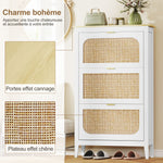 Meuble à chaussures 21 paires bohème avec 3 tiroirs rabattables, portes effet cannage rotin, 80 x 24 x 131 cm, blanc