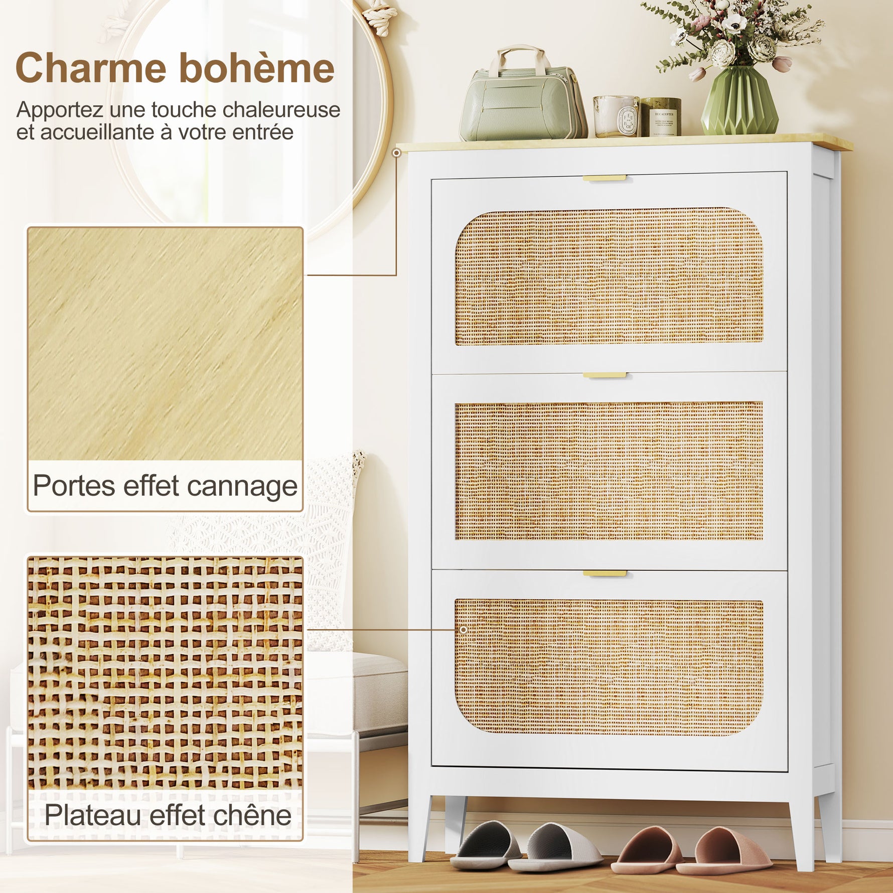 Meuble à chaussures 21 paires bohème avec 3 tiroirs rabattables, portes effet cannage rotin, 80 x 24 x 131 cm, blanc