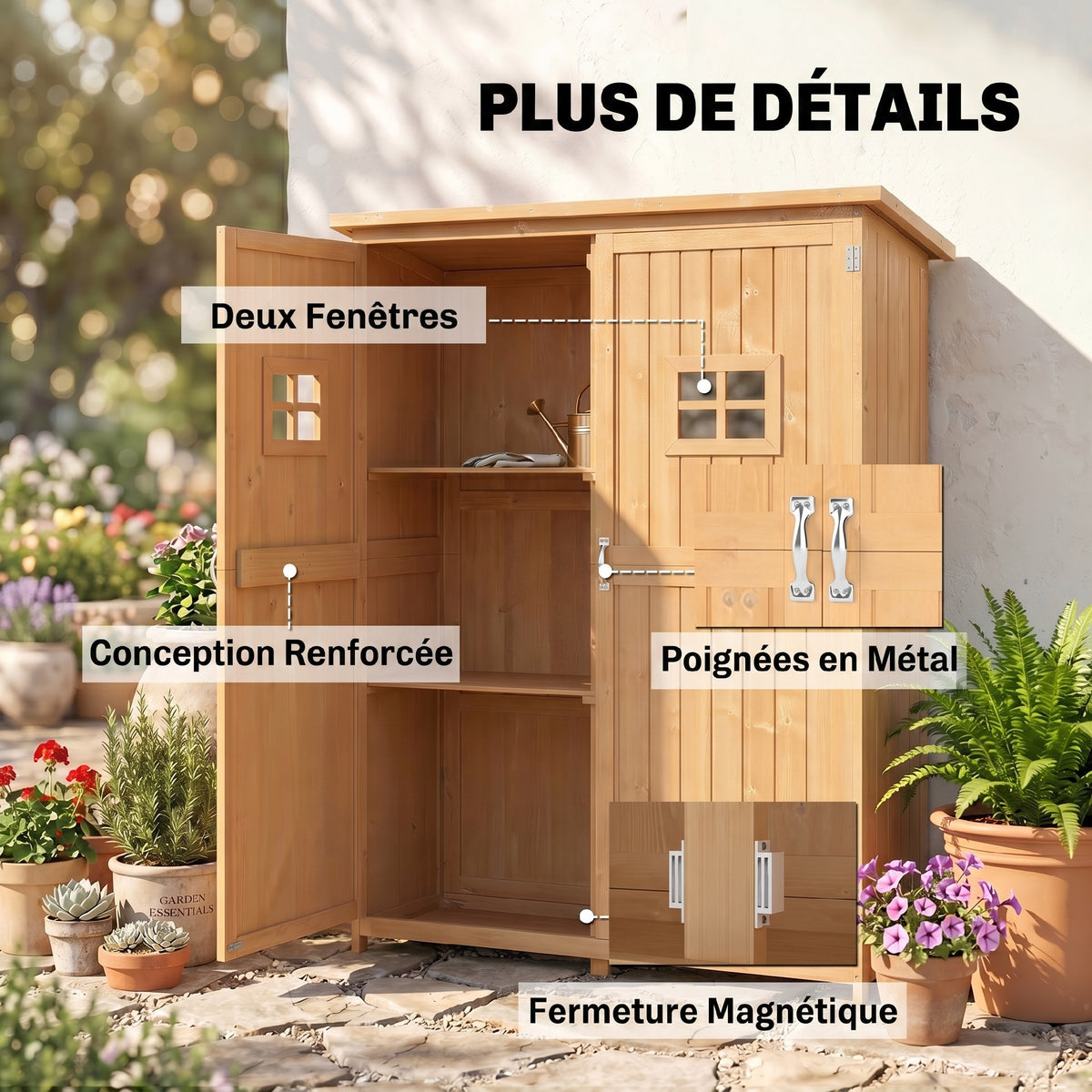 Casetta da giardino in legno Armadio da giardino dim. 127,5L x 50P x 164A cm 2 ripiani 2 ante 2 finestre Tetto bitumato impermeabile Legno massello di abete pre-oliato legno naturale
